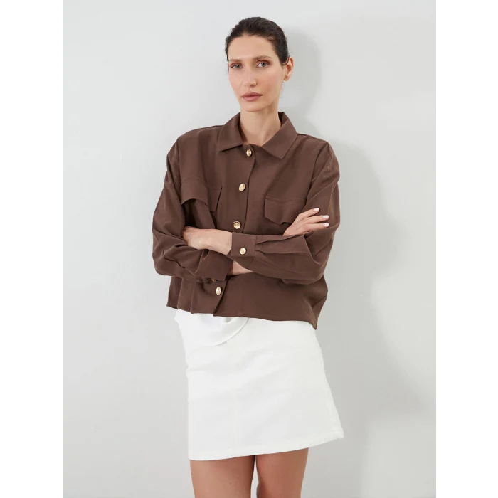 LCWAIKIKI Classic Kahverengi Gömlek Yaka Oversize Kadın Ceket