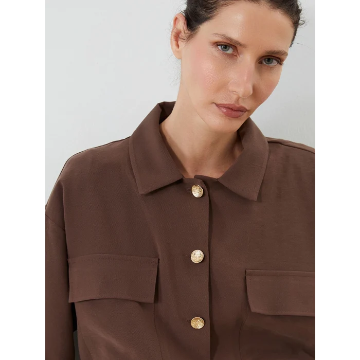 LCWAIKIKI Classic Kahverengi Gömlek Yaka Oversize Kadın Ceket