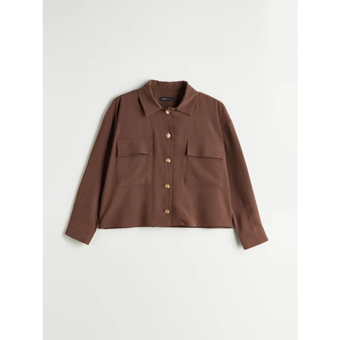 LCWAIKIKI Classic Kahverengi Gömlek Yaka Oversize Kadın Ceket
