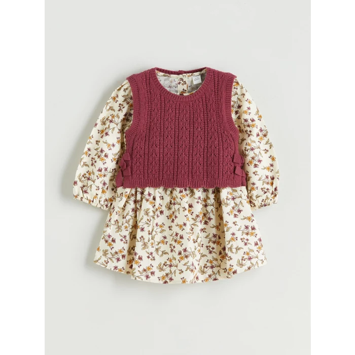 LCW Kids Ekru Bisiklet Yaka Uzun Kollu Desenli Kız Çocuk Elbise ve Süveter 2li Takım