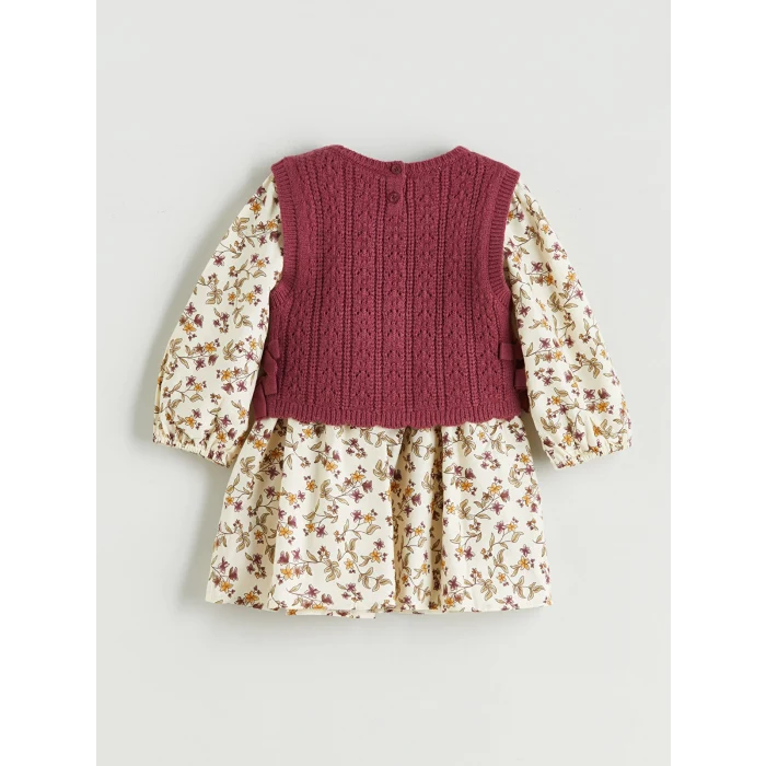 LCW Kids Ekru Bisiklet Yaka Uzun Kollu Desenli Kız Çocuk Elbise ve Süveter 2li Takım