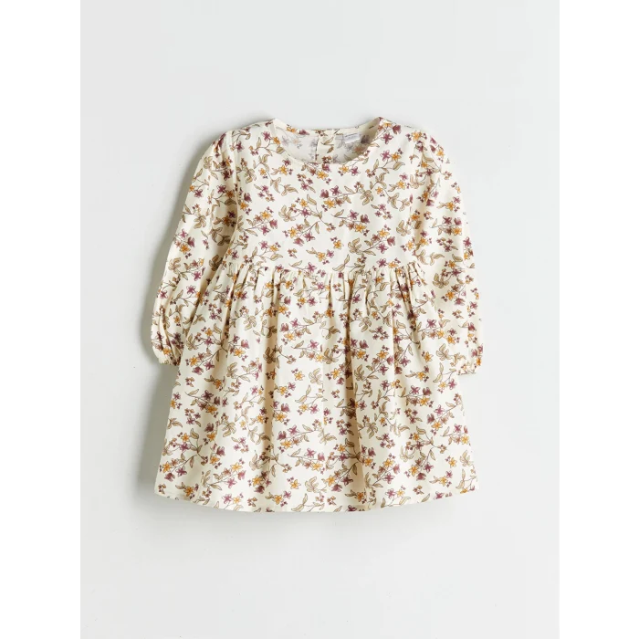 LCW Kids Ekru Bisiklet Yaka Uzun Kollu Desenli Kız Çocuk Elbise ve Süveter 2li Takım