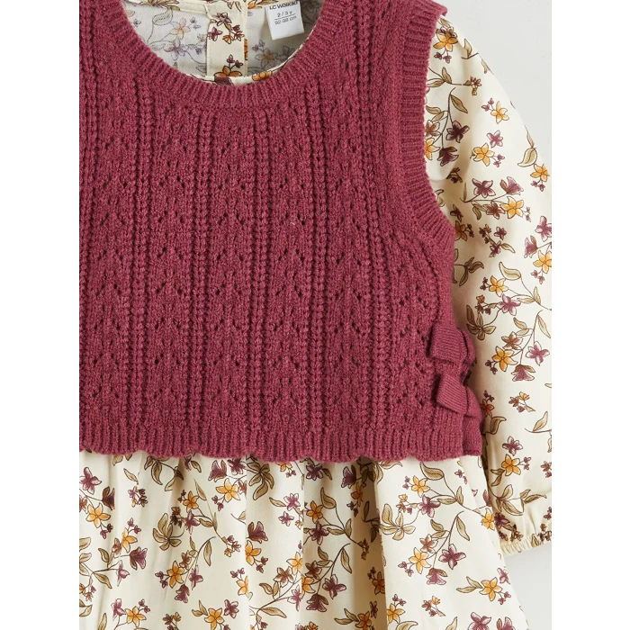 LCW Kids Ekru Bisiklet Yaka Uzun Kollu Desenli Kız Çocuk Elbise ve Süveter 2li Takım