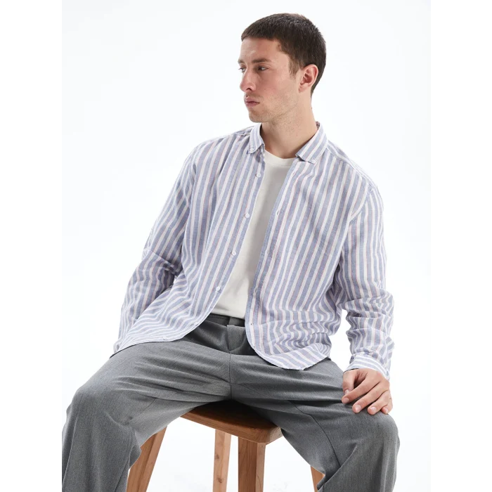 LCW Vision Mavi Slim Fit Uzun Kollu Çizgili Gömlek