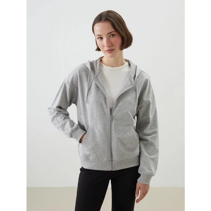 LCWAIKIKI Classic Gri Kapüşonlu Oversize Kadın Fermuarlı Sweatshirt