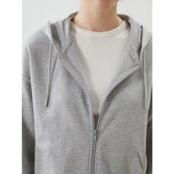 LCWAIKIKI Classic Gri Kapüşonlu Oversize Kadın Fermuarlı Sweatshirt