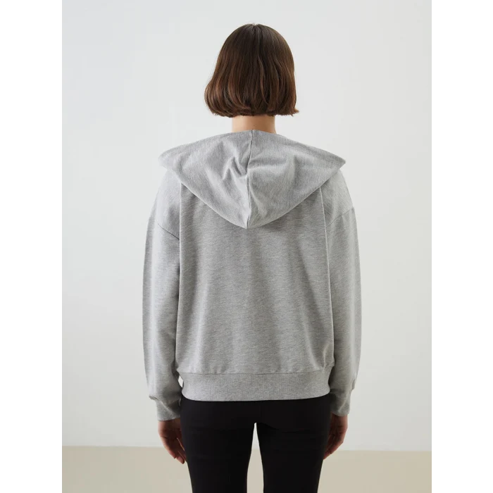 LCWAIKIKI Classic Gri Kapüşonlu Oversize Kadın Fermuarlı Sweatshirt