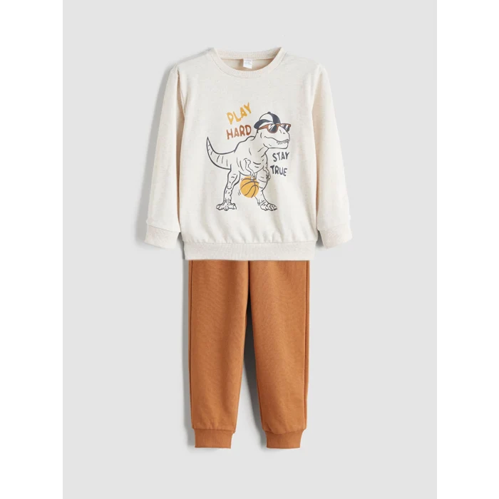 LCW Kids Beyaz Bisiklet Yaka Baskılı Erkek Çocuk Sweatshirt ve Eşofman Alt 2li