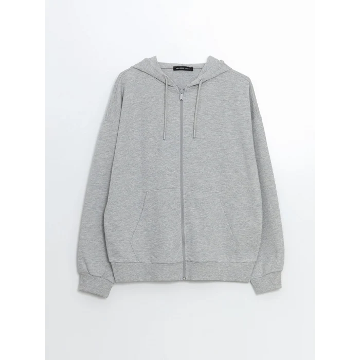 LCWAIKIKI Classic Gri Kapüşonlu Oversize Kadın Fermuarlı Sweatshirt