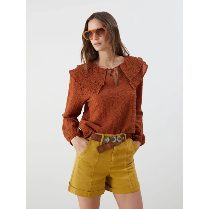 LCWAIKIKI Classic Kahverengi Bağlamalı Yaka Dokulu Bluz