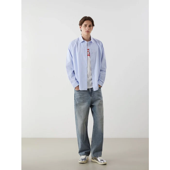XSIDE Mavi Rahat Kalıp Uzun Kollu Çizgili Erkek Gömlek