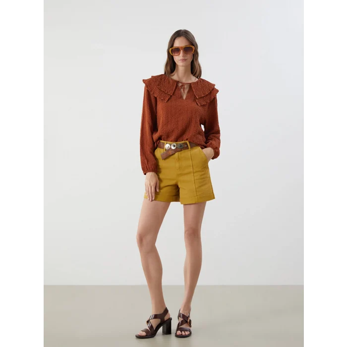 LCWAIKIKI Classic Kahverengi Bağlamalı Yaka Dokulu Bluz