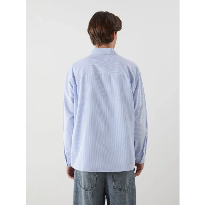 XSIDE Mavi Rahat Kalıp Uzun Kollu Çizgili Erkek Gömlek