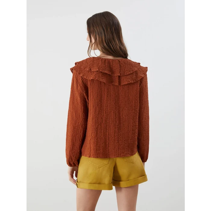 LCWAIKIKI Classic Kahverengi Bağlamalı Yaka Dokulu Bluz