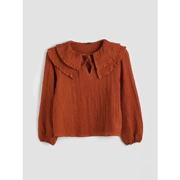 LCWAIKIKI Classic Kahverengi Bağlamalı Yaka Dokulu Bluz