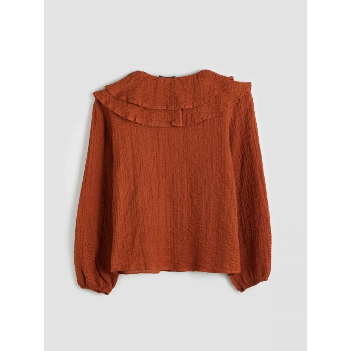 LCWAIKIKI Classic Kahverengi Bağlamalı Yaka Dokulu Bluz