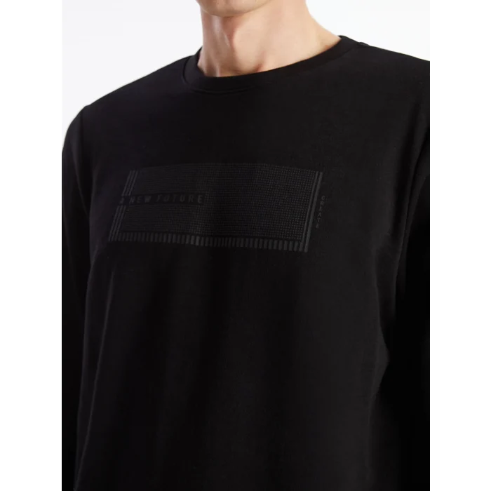 LCWAIKIKI Classic Siyah Bisiklet Yaka Uzun Kollu Baskılı Erkek Sweatshirt