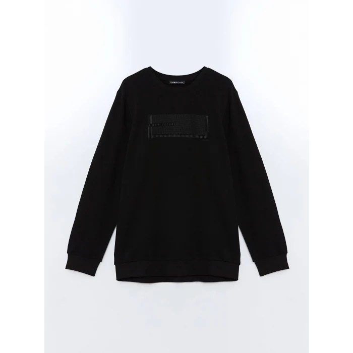 LCWAIKIKI Classic Siyah Bisiklet Yaka Uzun Kollu Baskılı Erkek Sweatshirt
