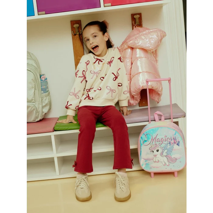 LCW Kids Ekru Fiyonk Baskılı Kız Çocuk Sweatshirt ve Tayt 2li