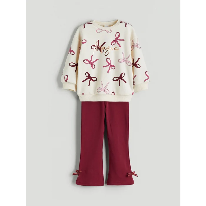 LCW Kids Ekru Fiyonk Baskılı Kız Çocuk Sweatshirt ve Tayt 2li