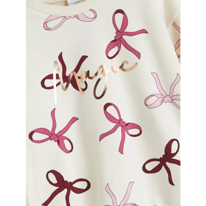 LCW Kids Ekru Fiyonk Baskılı Kız Çocuk Sweatshirt ve Tayt 2li