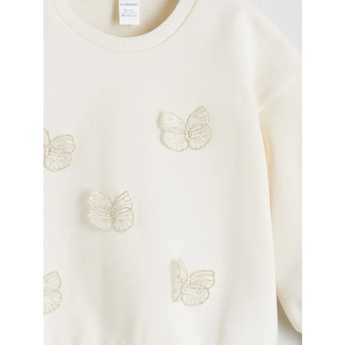 LCW Kids Ekru Kelebek Nakışlı Kız Çocuk Sweatshirt
