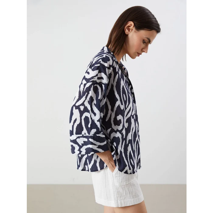 LCW Vision Lacivert Desenli Oversize Kadın Gömlek