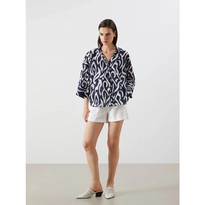 LCW Vision Lacivert Desenli Oversize Kadın Gömlek