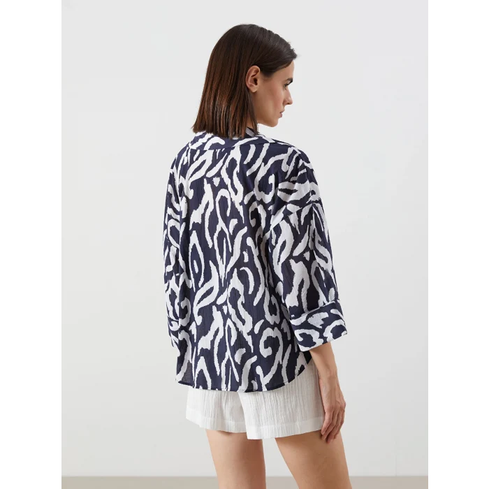 LCW Vision Lacivert Desenli Oversize Kadın Gömlek