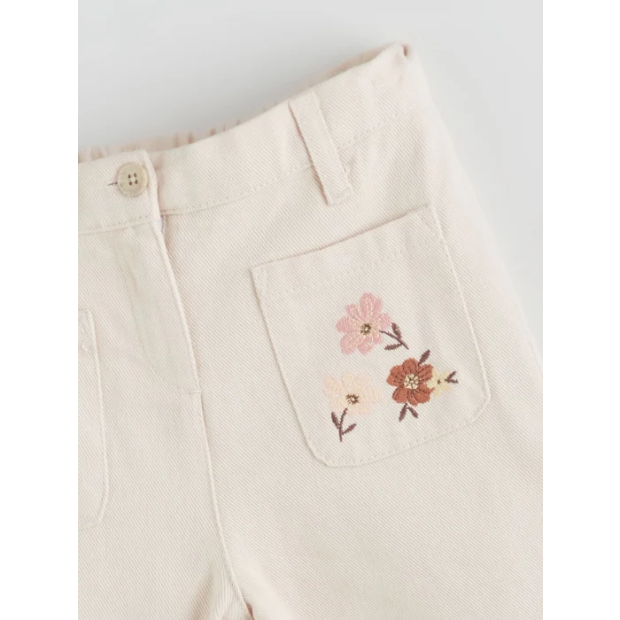 LCW Kids Ekru Beli Lastikli Çiçekli Kız Çocuk Pantolon