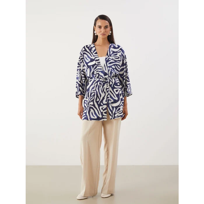 LCWAIKIKI Classic Mavi Şal Yaka Desenli Oversize Kadın Kimono