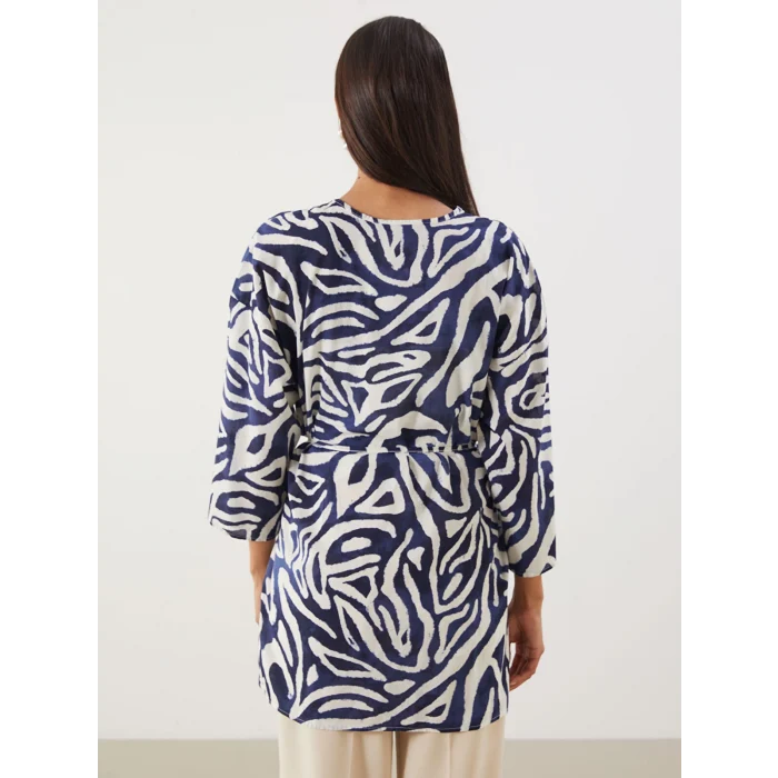 LCWAIKIKI Classic Mavi Şal Yaka Desenli Oversize Kadın Kimono