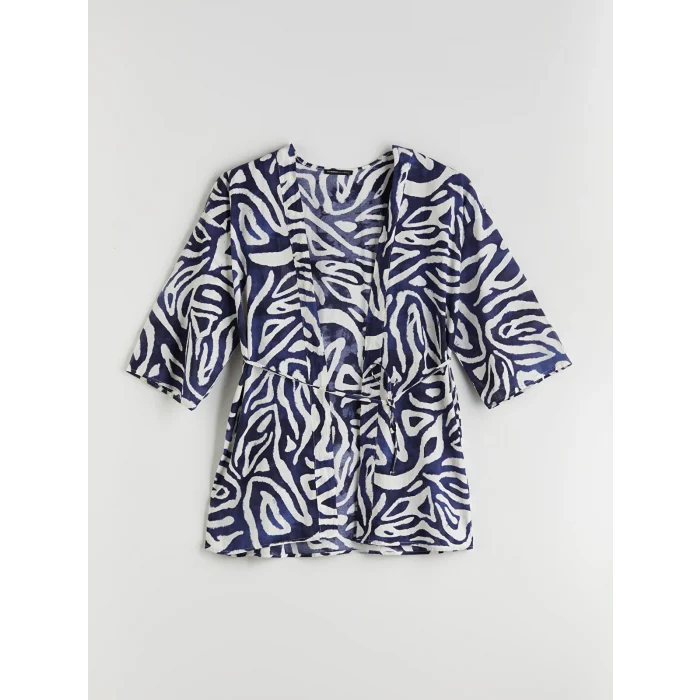 LCWAIKIKI Classic Mavi Şal Yaka Desenli Oversize Kadın Kimono