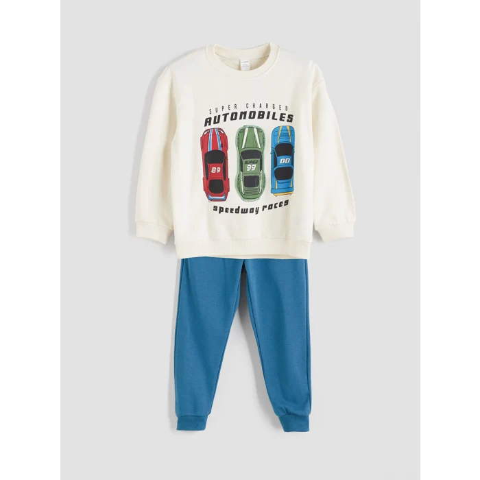LCW Kids Bej Bisiklet Yaka Baskılı Erkek Çocuk Sweatshirt ve Eşofman Alt 2li