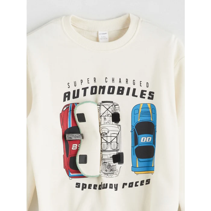 LCW Kids Bej Bisiklet Yaka Baskılı Erkek Çocuk Sweatshirt ve Eşofman Alt 2li