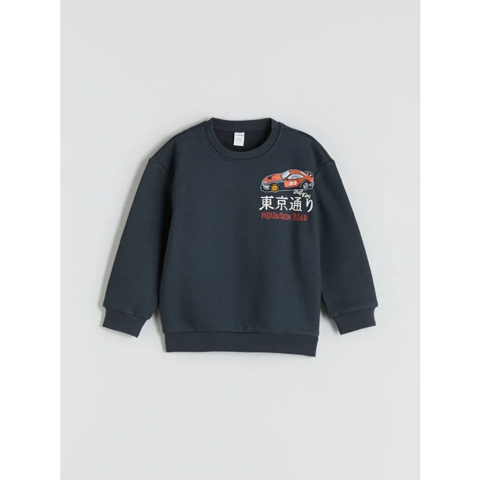 LCW Kids Antrasit Bisiklet Yaka Baskılı Erkek Çocuk Sweatshirt
