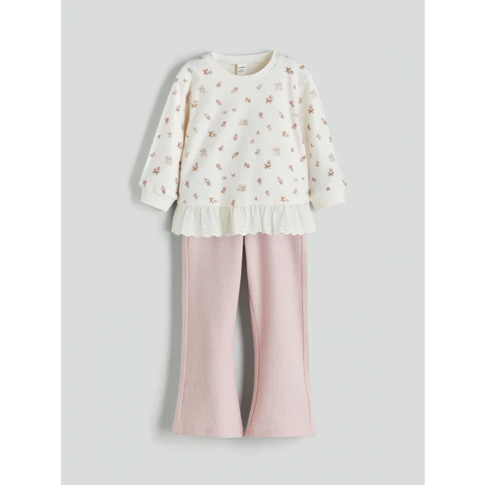 LCW Kids Ekru Bisiklet Yaka Baskılı Kız Çocuk Sweatshirt ve Tayt 2li