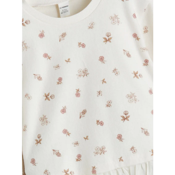 LCW Kids Ekru Bisiklet Yaka Baskılı Kız Çocuk Sweatshirt ve Tayt 2li