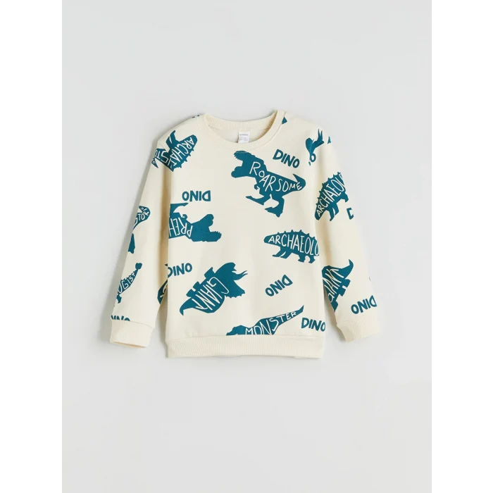 LCW Kids Bej Bisiklet Yaka Dinozor Baskılı Erkek Çocuk Sweatshirt