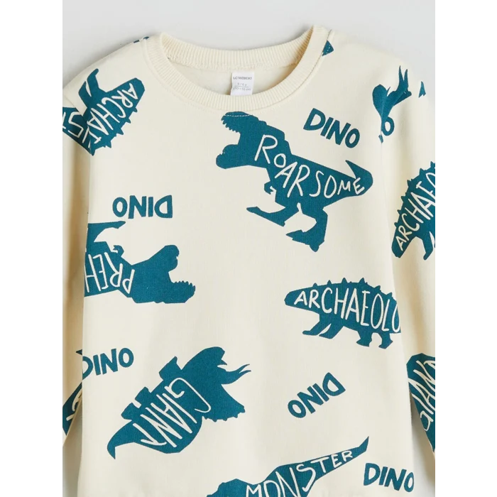 LCW Kids Bej Bisiklet Yaka Dinozor Baskılı Erkek Çocuk Sweatshirt