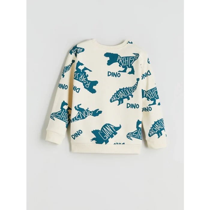 LCW Kids Bej Bisiklet Yaka Dinozor Baskılı Erkek Çocuk Sweatshirt