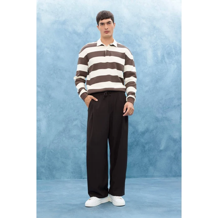 Defacto E8440AXBN539 Kahve Boxy Fit Polo Yaka Çizgili Waffle Sweatshirt