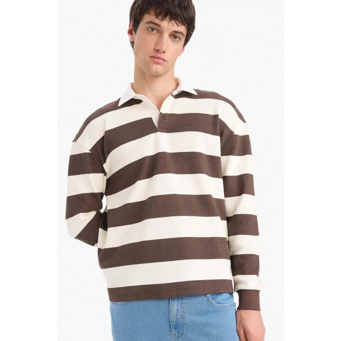 Defacto E8440AXBN539 Kahve Boxy Fit Polo Yaka Çizgili Waffle Sweatshirt