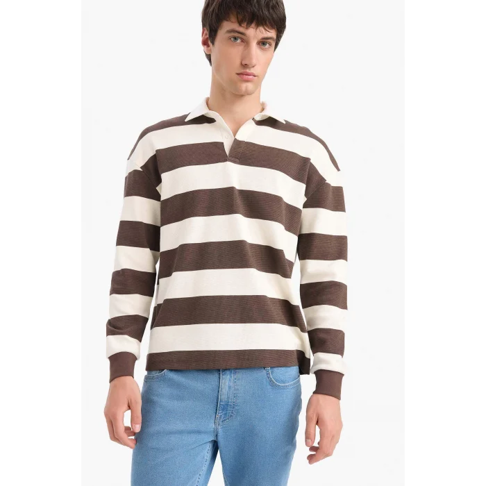 Defacto E8440AXBN539 Kahve Boxy Fit Polo Yaka Çizgili Waffle Sweatshirt