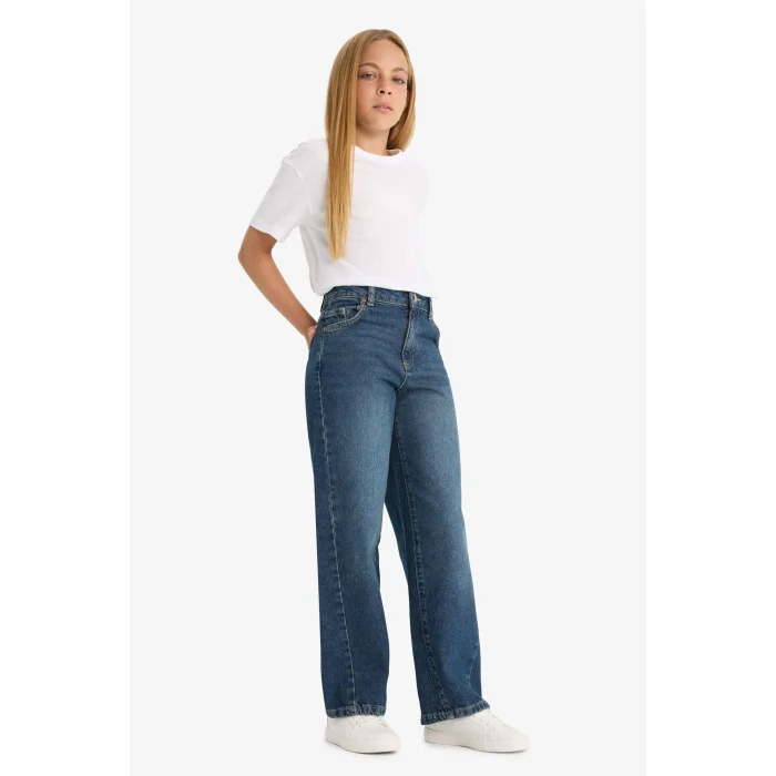 Defacto F7541A8NM34 Mavi Kız Çocuk Okul Balloon Fit Geniş Paça Jean Pantolon