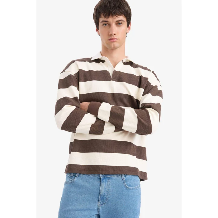 Defacto E8440AXBN539 Kahve Boxy Fit Polo Yaka Çizgili Waffle Sweatshirt