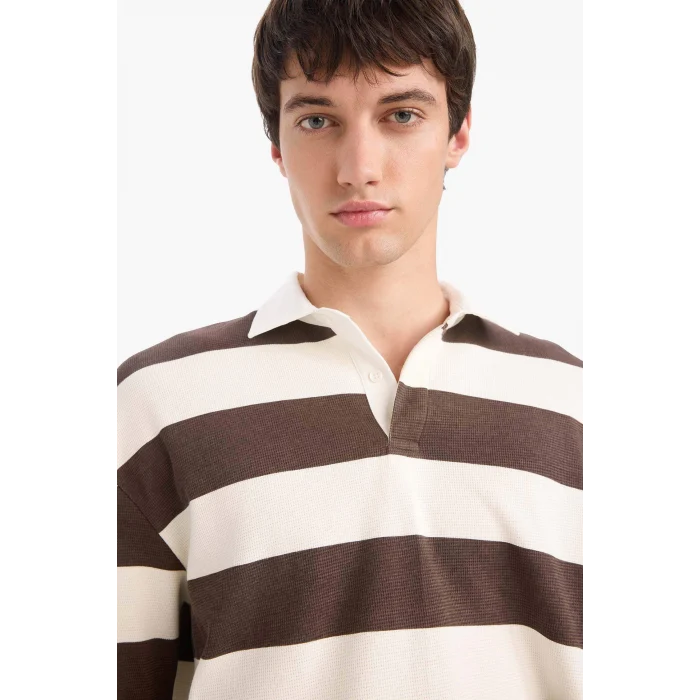Defacto E8440AXBN539 Kahve Boxy Fit Polo Yaka Çizgili Waffle Sweatshirt