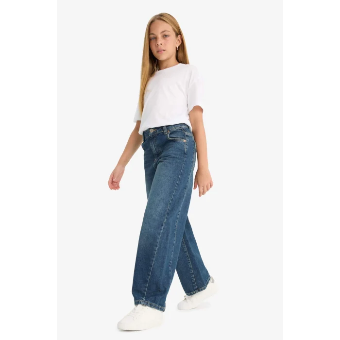 Defacto F7541A8NM34 Mavi Kız Çocuk Okul Balloon Fit Geniş Paça Jean Pantolon