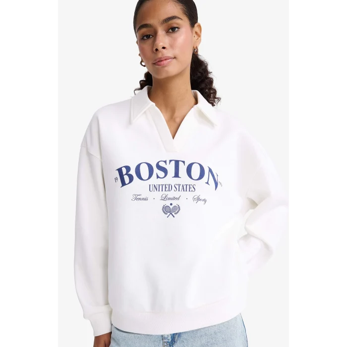 Defacto F1064AXER105 Ekru Relax Fit Polo Yaka Baskılı Kalın Sweatshirt