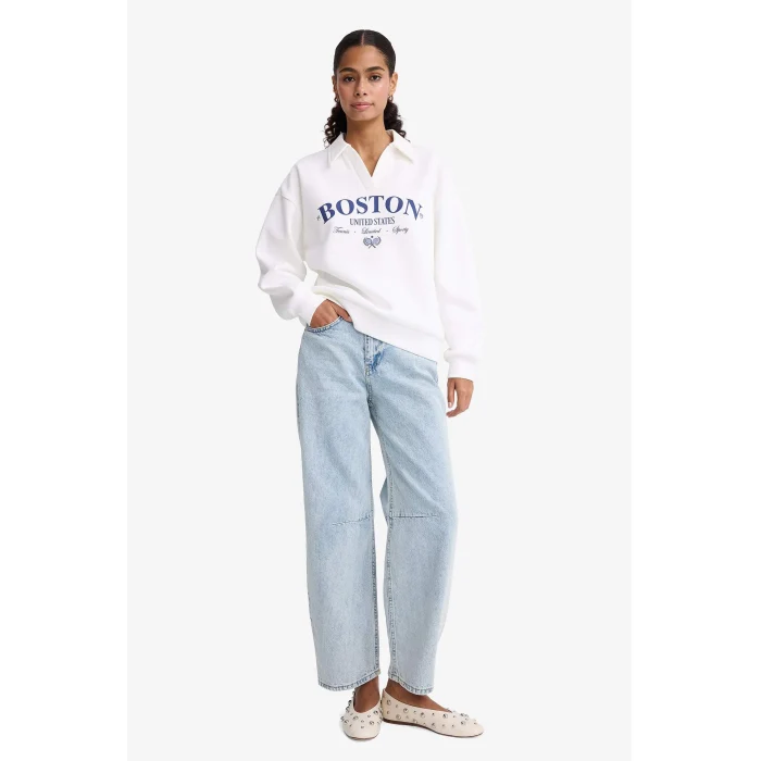 Defacto F1064AXER105 Ekru Relax Fit Polo Yaka Baskılı Kalın Sweatshirt